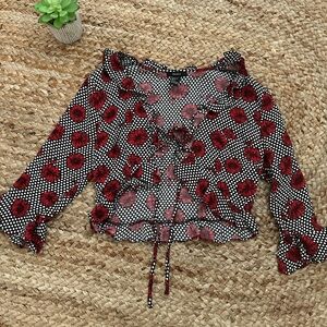 CHECKERED FLORAL RUFFLE TIE FRONT BLOUSE